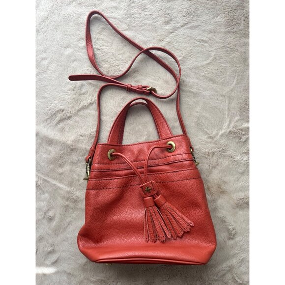 Royna Red Leather Bucket Bag With Tassels Adjustable Strap & Gold Hardware By Ra - Picture 1 of 16